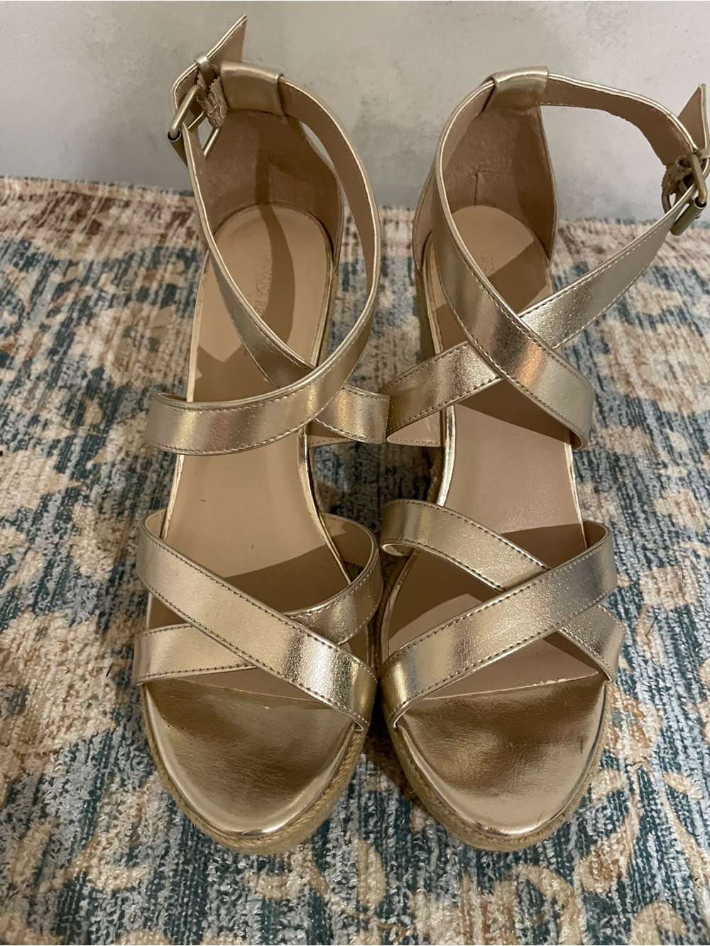 Banana Republic Metallic Gold Cross-Strap Wedge Sandals